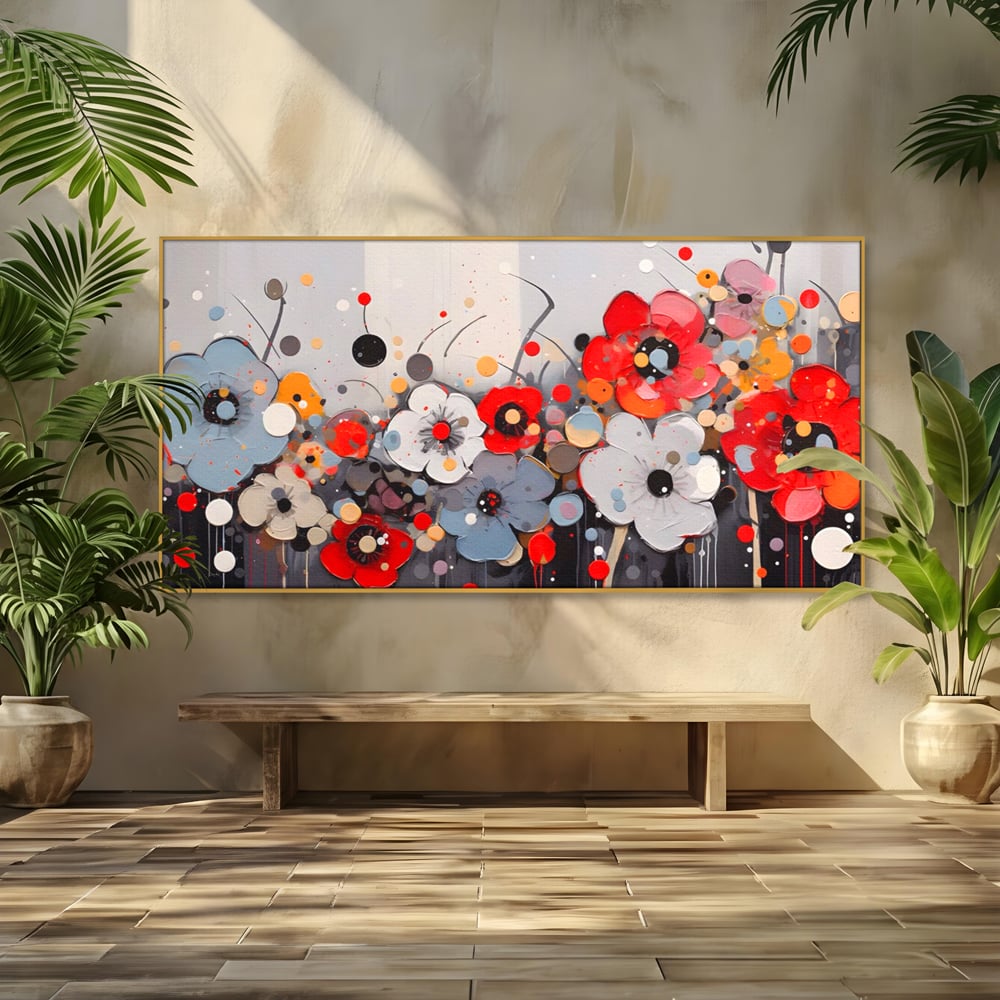 Tablou canvas cu pictura canvas cu flori colorate in relief, in rama de aluminiu auriu
